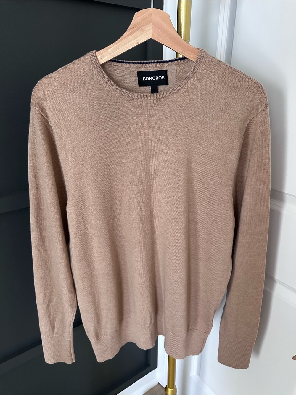 Bonobos Men's Crewneck Sweater in Camel Brown 100% fine merino wool Size L